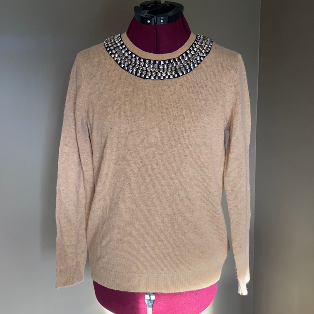 Topshop Beige Crewneck Sweater with Beaded Embellished Collar